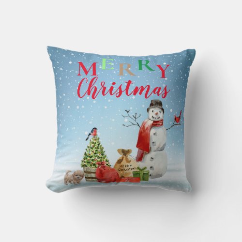 Festive Holiday Winter Snowman Scene Throw Pillow