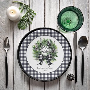 Festive Holiday Wreath BW Bow Merry Christmas  Paper Plates