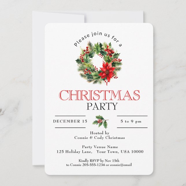 FESTIVE HOLIDAY WREATH, CHRISTMAS PARTY INVITATION (Front)