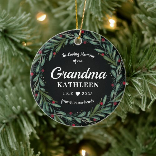 Festive Holiday Wreath Grandma Memorial Photo Back Ceramic Ornament