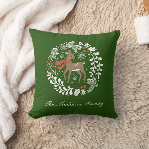 Festive Holiday Wreath Green Throw Pillow