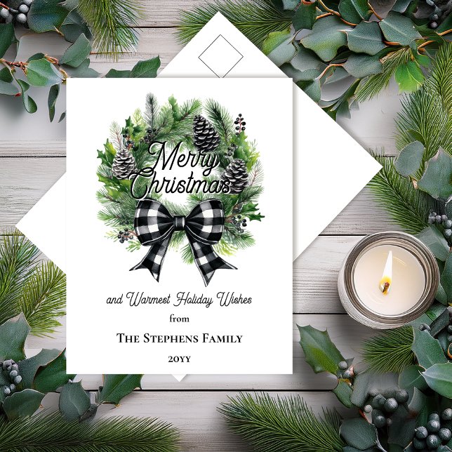 Festive Holiday Wreath Merry Christmas Non-Photo (Festive Holiday Wreath with Black | White Check Coquette Bow "Merry Christmas" Postcard)