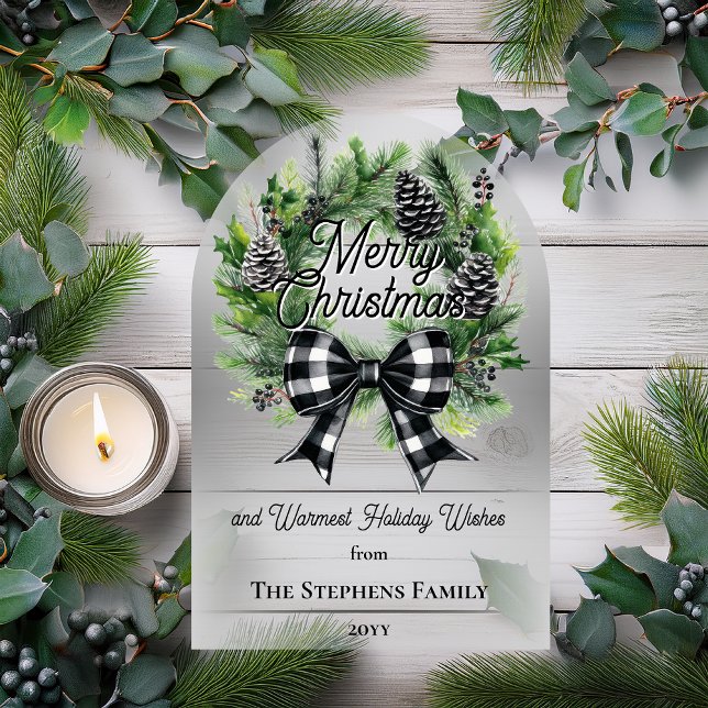 Festive Holiday Wreath Merry Christmas Non-Photo Acrylic Invitations (Festive Holiday Wreath with Black | White Check Coquette Bow "Merry Christmas" Acrylic Card)