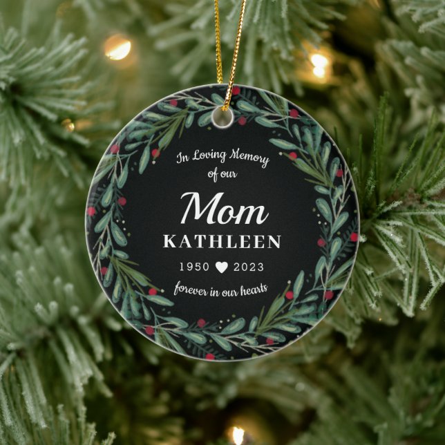 Festive Holiday Wreath Mom Memorial Photo Back Ceramic Ornament (Tree)