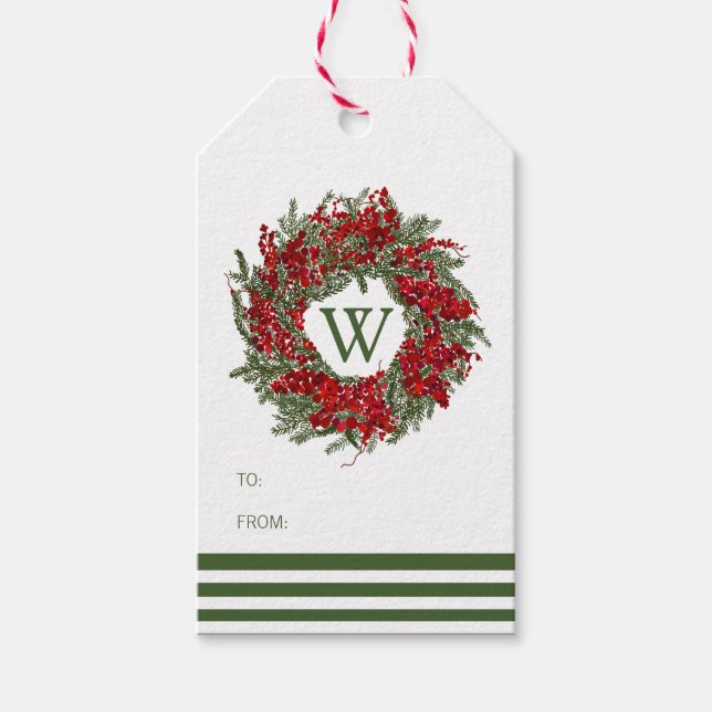 Festive Holiday Wreath Monogram Gift Tag (Front)