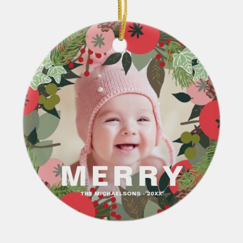 Festive Holiday Wreath with Joy Typography Photo Ceramic Ornament