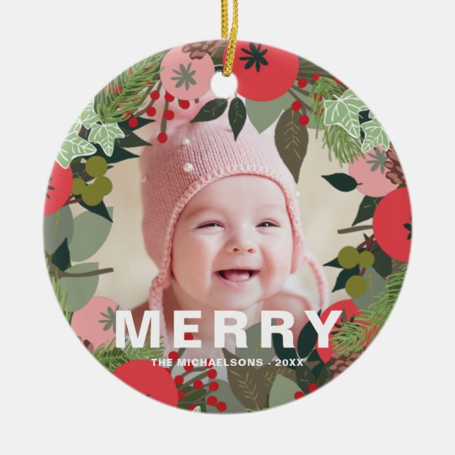 Festive Holiday Wreath with Joy Typography Photo Ceramic Ornament (Front)