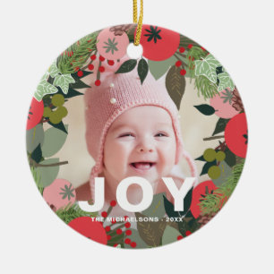 Festive Holiday Wreath with Joy Typography Photo Ceramic Ornament