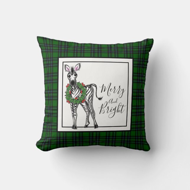 Festive Holiday Zebra, Christmas wreath , plaid Throw Pillow (Front)