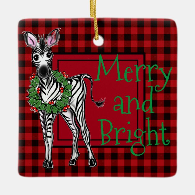 Festive Holiday Zebra Holly red black plaid Ceramic Ornament (Front)