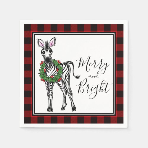 Festive Holiday Zebra Holly wreath buffalo plaid Napkins