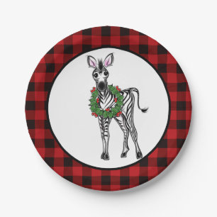 Festive Holiday Zebra, Holly wreath, buffalo plaid Paper Plates