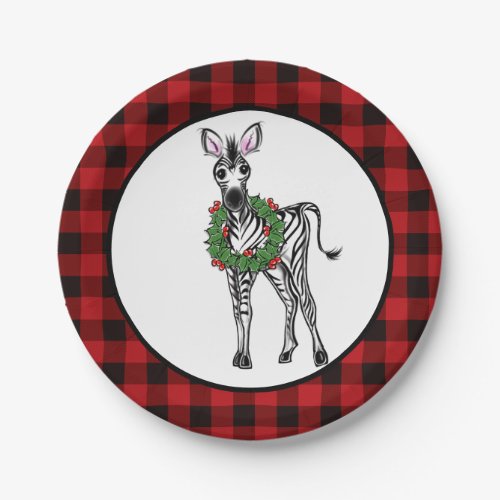 Festive Holiday Zebra Holly wreath buffalo plaid Paper Plates