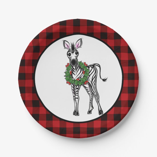 Festive Holiday Zebra, Holly wreath, buffalo plaid Paper Plates (Front)