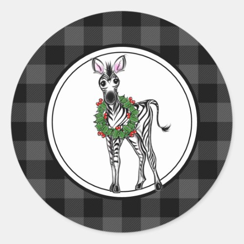 Festive Holiday Zebra holly wreath gray plaid  Classic Round Sticker