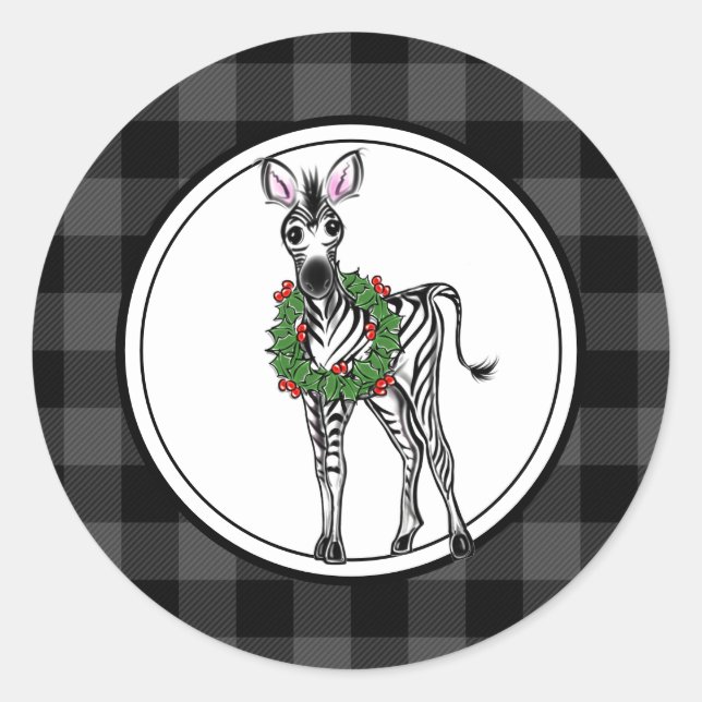 Festive Holiday Zebra, holly wreath, gray plaid  Classic Round Sticker (Front)