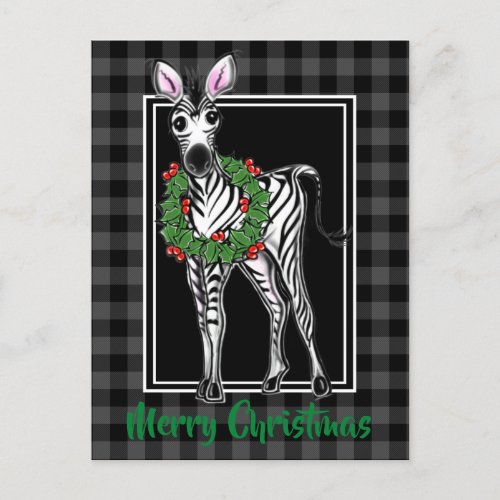 Festive Holiday Zebra Holly wreath gray plaid  Postcard