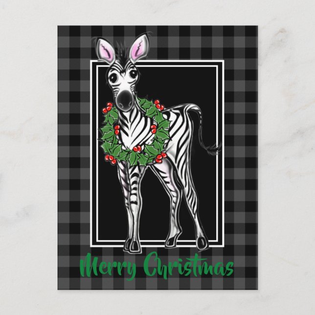 Festive Holiday Zebra Holly wreath, gray plaid  Postcard (Front)
