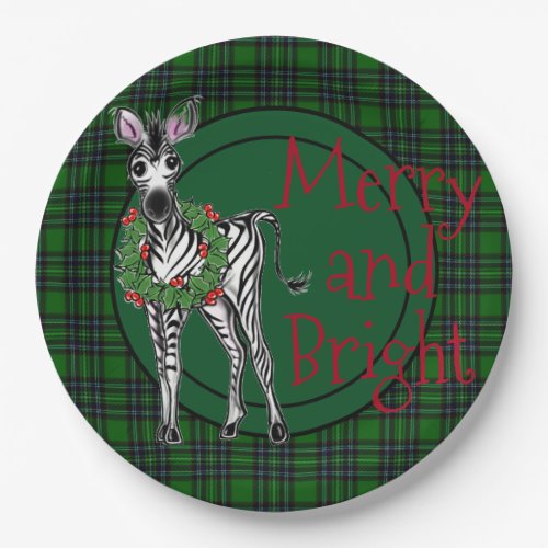 Festive Holiday Zebra Holly wreath  green plaid  Paper Plates