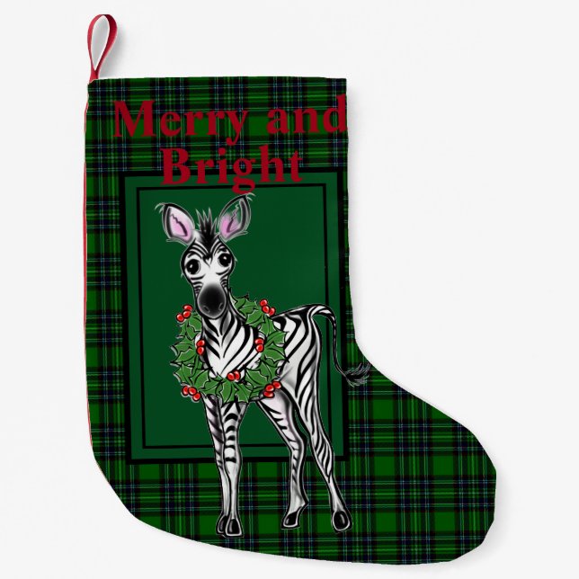 Festive Holiday Zebra Holly wreath | green plaid  Small Christmas Stocking (Front)
