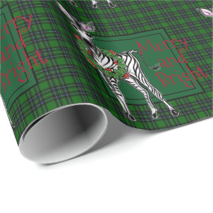 Festive Holiday Zebra Holly wreath green plaid Wrapping Paper