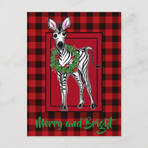 Festive Holiday Zebra Holly wreath  red buffalo  Postcard