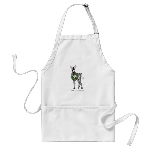 Festive Holiday Zebra illustration, Holly wreath Adult Apron (Front)