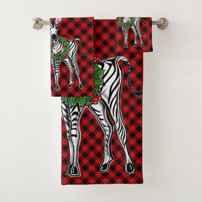 Festive Holiday Zebra illustration, Holly wreath Bath Towel Set (Insitu)