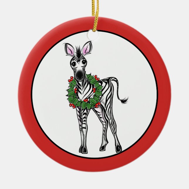 Festive Holiday Zebra illustration, Holly wreath Ceramic Ornament (Front)