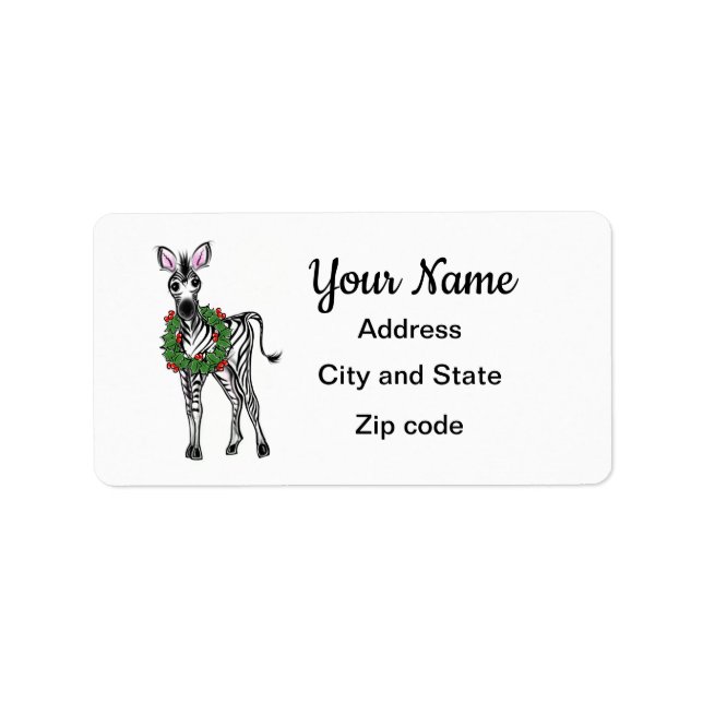 Festive Holiday Zebra illustration, Holly wreath Label (Front)