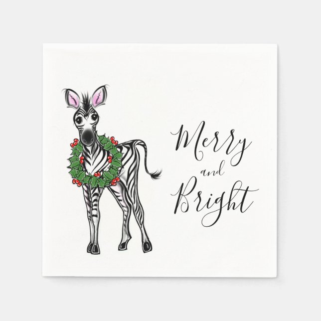 Festive Holiday Zebra illustration, Holly wreath Napkins (Front)