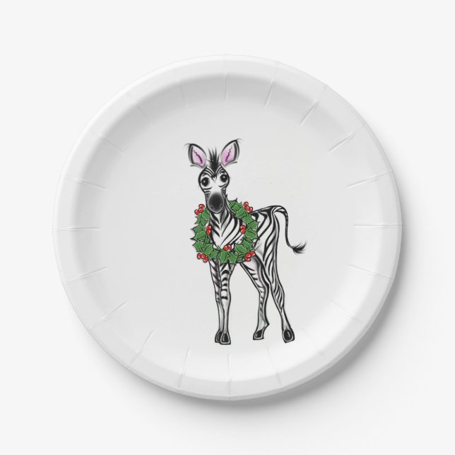 Festive Holiday Zebra illustration, Holly wreath Paper Plates (Front)