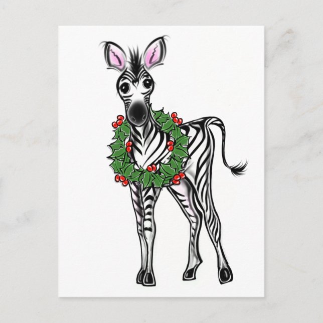 Festive Holiday Zebra illustration, Holly wreath Postcard (Front)