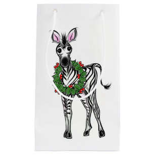Festive Holiday Zebra illustration, Holly wreath Small Gift Bag