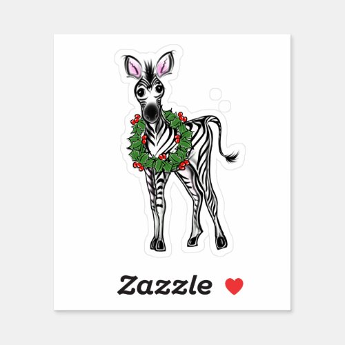 Festive Holiday Zebra illustration Holly wreath Sticker