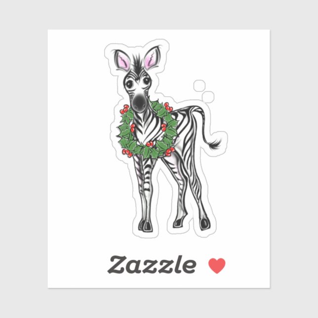 Festive Holiday Zebra illustration, Holly wreath Sticker (Sheet)