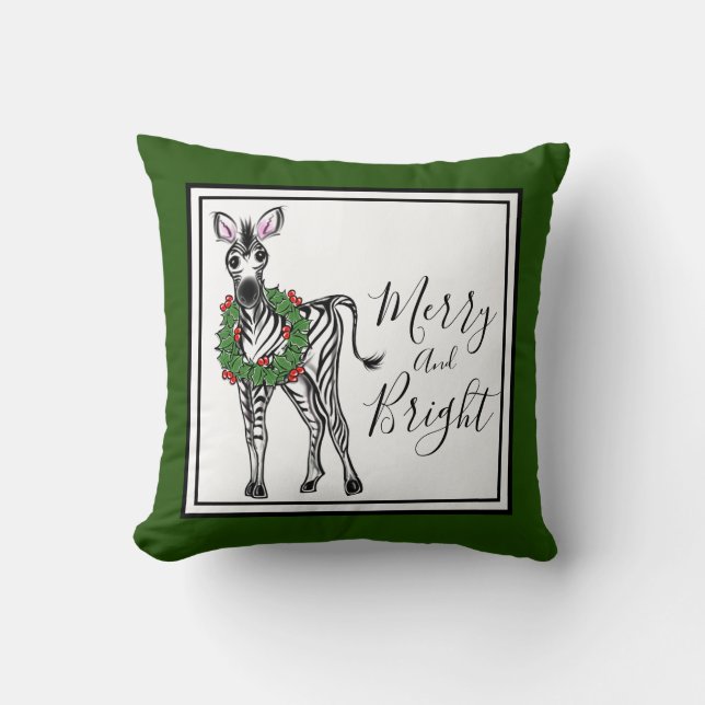 Festive Holiday Zebra illustration, Holly wreath Throw Pillow (Front)