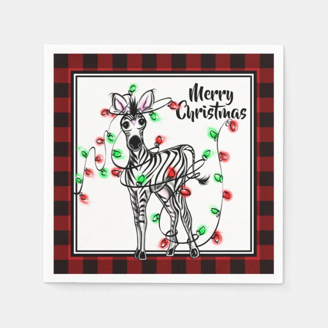 Festive Holiday Zebra red black plaid lights Napkins (Front)