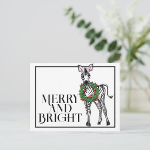 Festive holiday Zebra   red green Xmas wreath  Postcard