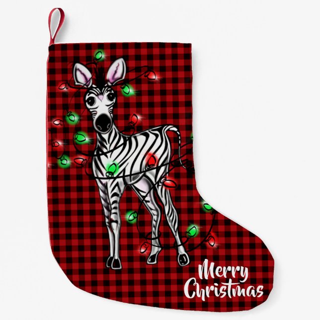 Festive Holiday Zebra, twinkle light buffalo plaid Small Christmas Stocking (Front)