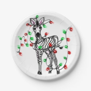 Festive Holiday Zebra, twinkle lights Paper Plates