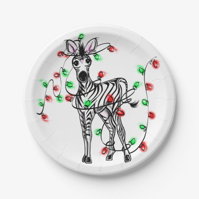 Festive Holiday Zebra, twinkle lights Paper Plates (Front)