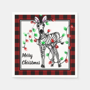 Festive Holiday Zebra, Twinkle lights, plaid Napkins