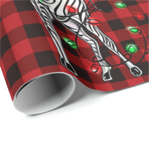 Festive Holiday Zebra, twinkle lights, red plaid Wrapping Paper