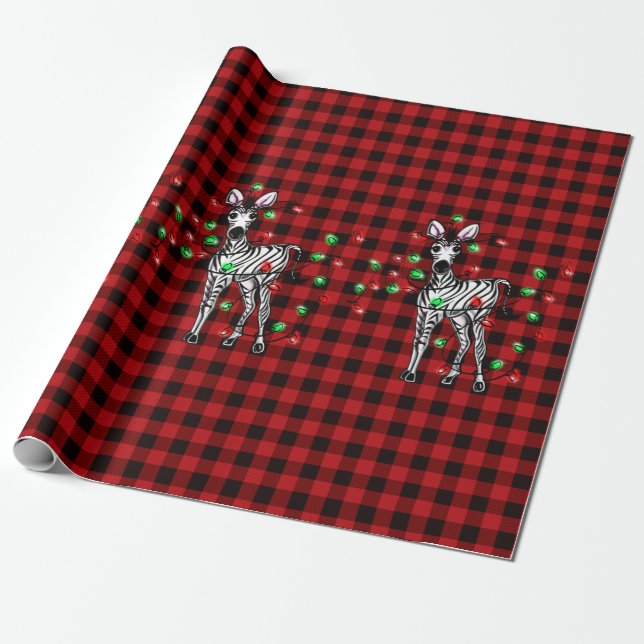 Festive Holiday Zebra, twinkle lights, red plaid Wrapping Paper (Unrolled)