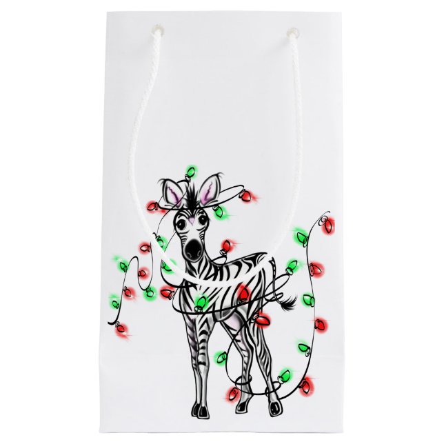 Festive Holiday zebra, twinkle lights Small Gift Bag (Front)