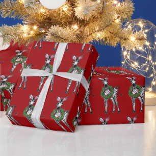 Festive Holiday Zebra with Holly wreath Wrapping P Paper