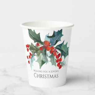 Festive Holly and Berries Evergreens Christmas Paper Cups