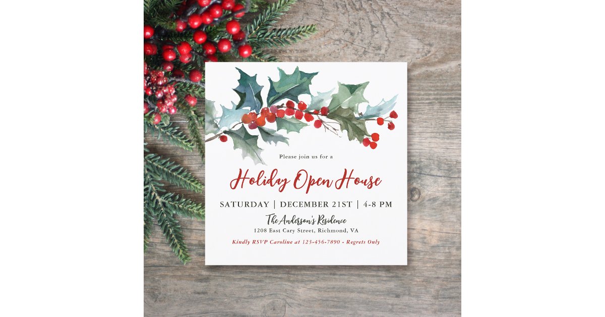 Festive Holly and Berries Holiday Open House Invitation | Zazzle
