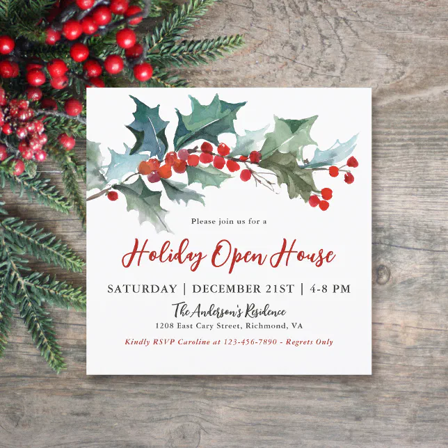 Festive Holly and Berries Holiday Open House Invitation | Zazzle